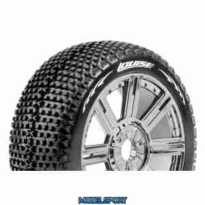 Louise RC - B-TURBO - 1-8 Buggy Tire Set - Mounted - Soft - Black-Chrome Spoke Wheels - Hex 17mm - L-T3104SBC