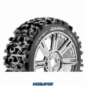 Louise RC - B-PIONEER - 1-8 Buggy Tire Set - Mounted - Soft - Black-Chrome Spoke Wheels - Hex 17mm - L-T3130SBC