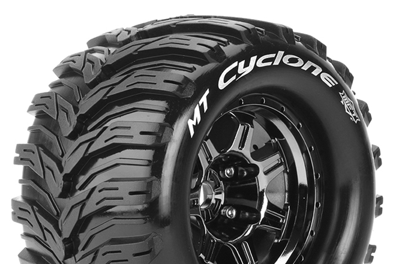 Louise RC - MFT - MT-CYCLONE - 1-8 Monster Truck Tire Set - Mounted - Sport - Black Chrome 3.8 Bead Style Wheels - 0-Offset - Hex 17mm - L-T3323BC Louise RC - MFT - MT-CYCLONE - 1-8 Monster Truck Tire Set - Mounted - Sport - Black Chrome 3.8 Bead Style Wheels - 0-Offset - Hex 17mm - L-T3323BC