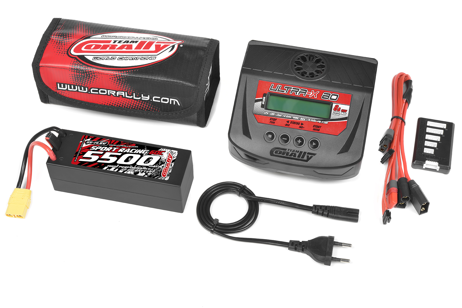Team Corally - Energy Pack - Lipo 60C - 5500Mah - 4S - XT-90 - Hard Case + Ultra-X 80 - 1-6S AC/DC Charger + Lipo Safety Bag + Charge-Balance Lead Team Corally - Energy Pack - Lipo 60C - 5500Mah - 4S - XT-90 - Hard Case + Ultra-X 80 - 1-6S AC/DC Charger + Lipo Safety Bag + Charge-Balance Lead
